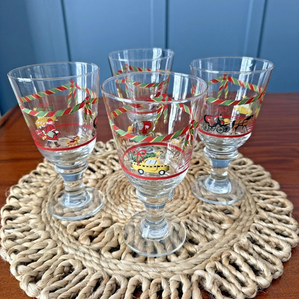 Christmas Time in the City Water Goblet Chuck Fischer Libbey 7" Disc.‎ Set of 4
